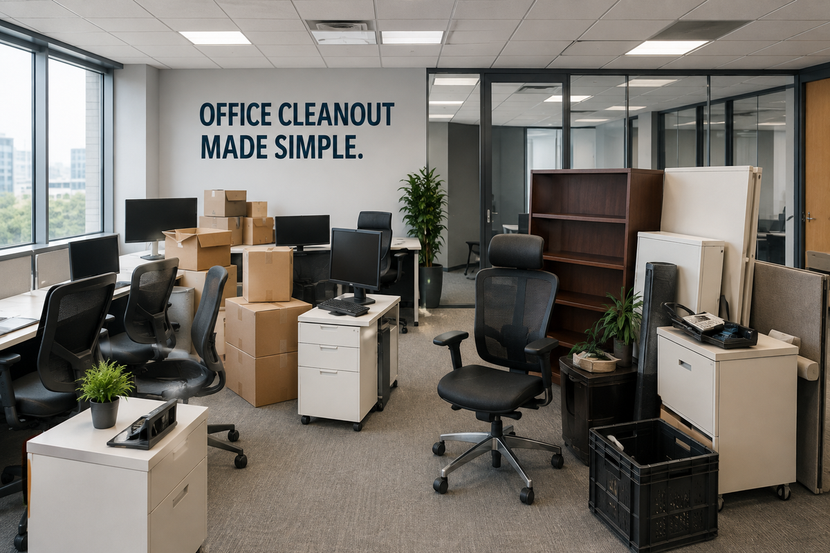Office furniture and equipment during a professional office cleanout in Denver.