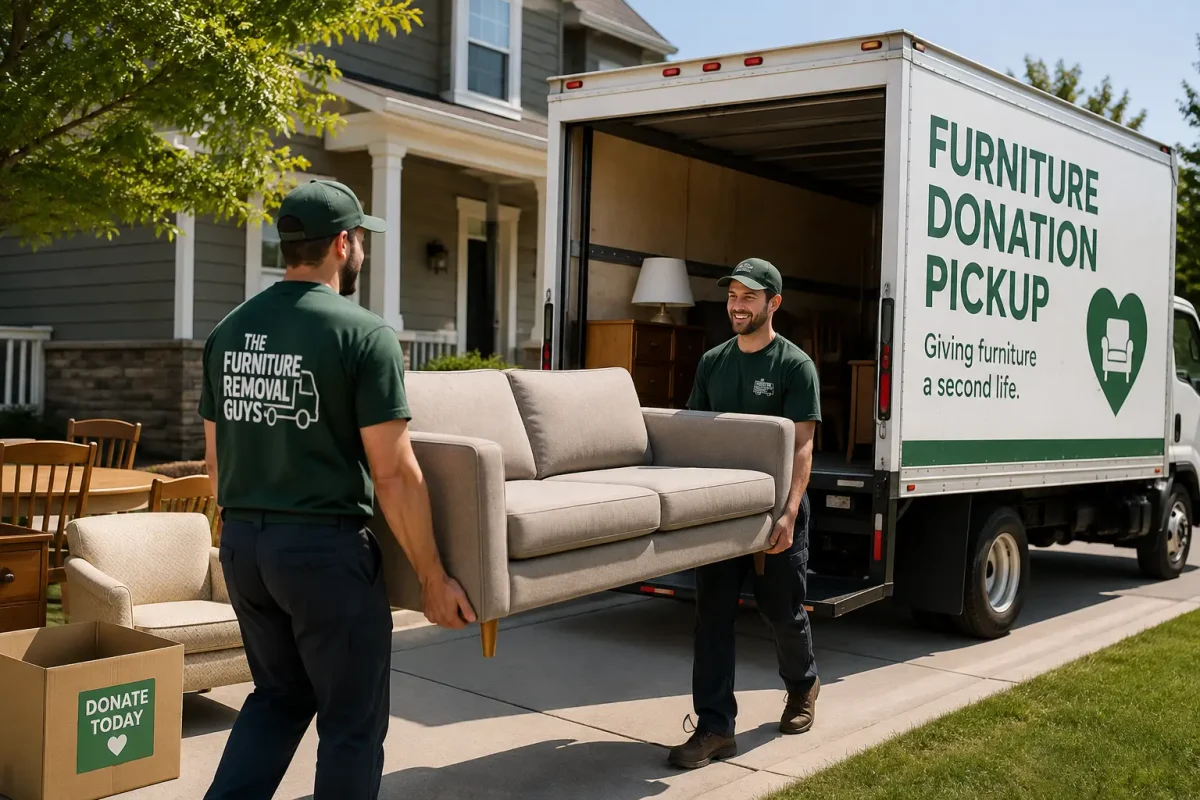 Furniture removal team collecting a sofa for donation pickup in Denver
