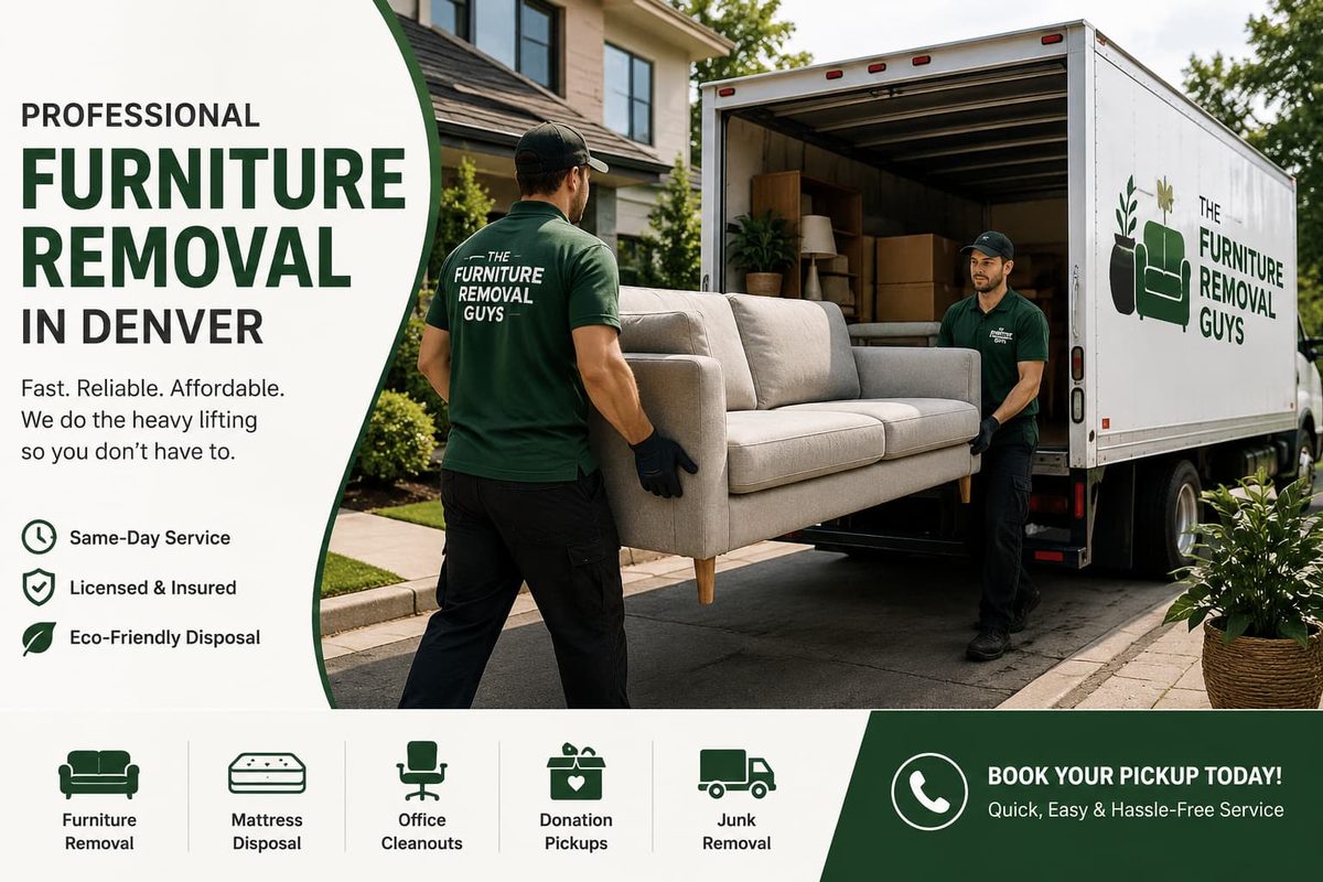 Professional furniture removal team carrying a sofa to a moving truck in Denver