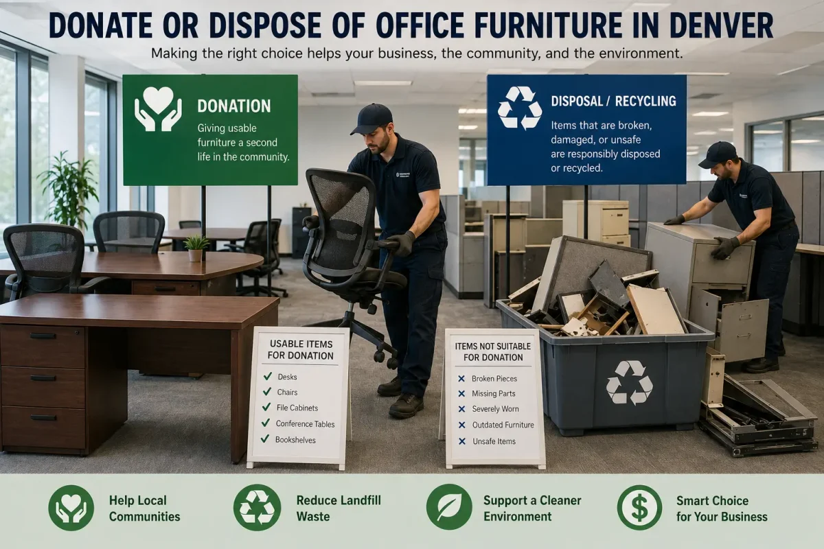 Office furniture removal team sorting desks and chairs for donation or disposal in Denver