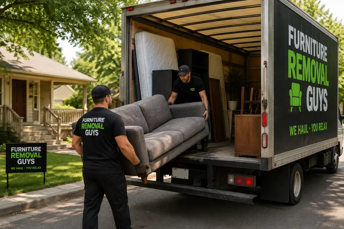Professional junk furniture removal crew clearing unwanted furniture from a Denver home