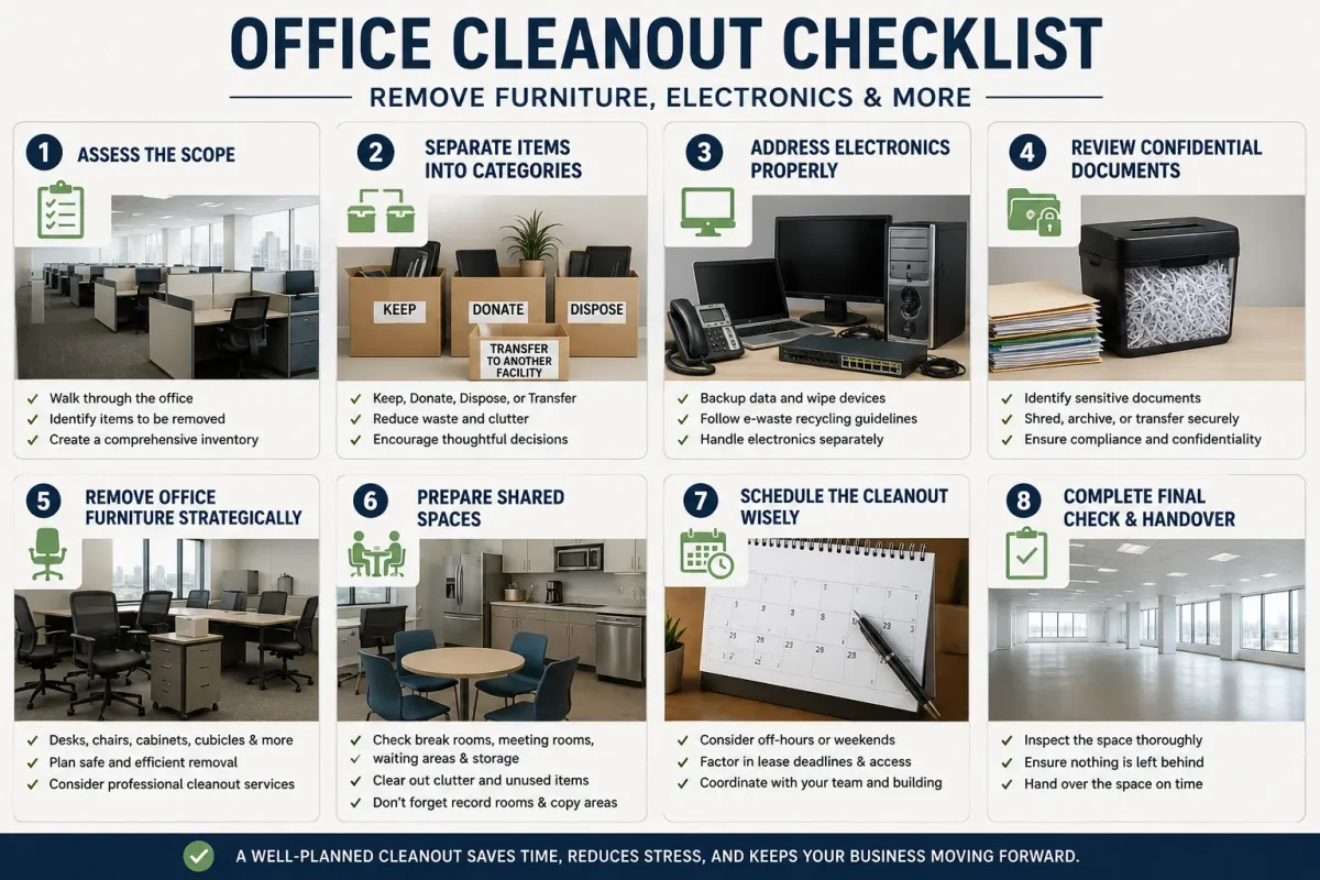 Office cleanout checklist showing furniture removal, electronics disposal, document shredding, and workspace cleanout steps