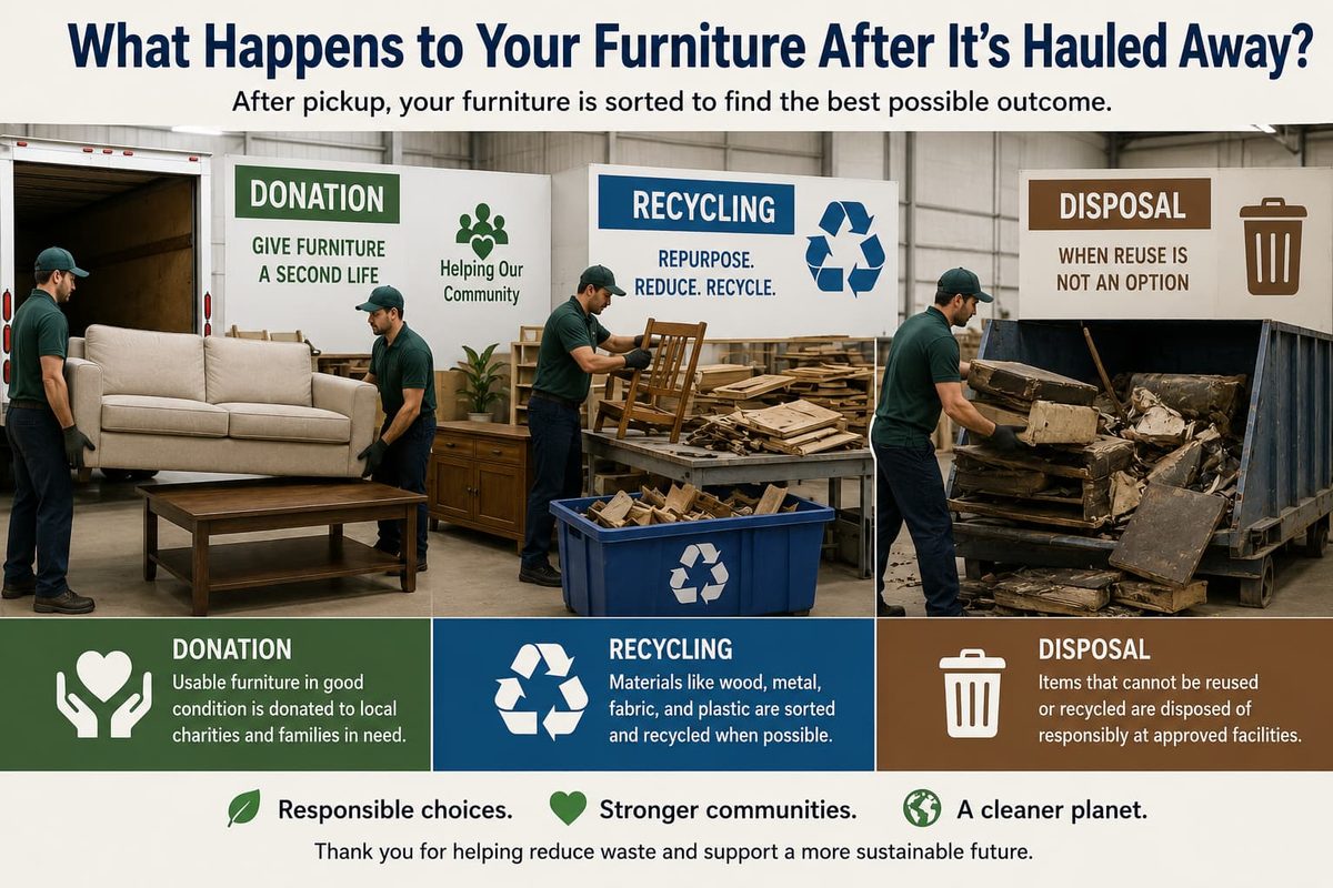 Furniture removal team sorting old furniture for donation and recycling in Denver