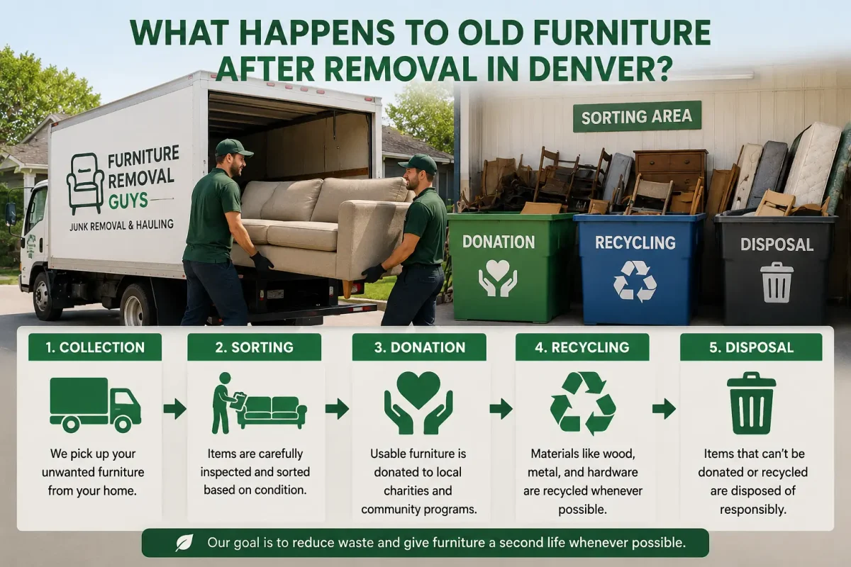 Old furniture being sorted for donation, recycling, and proper disposal after removal in Denver