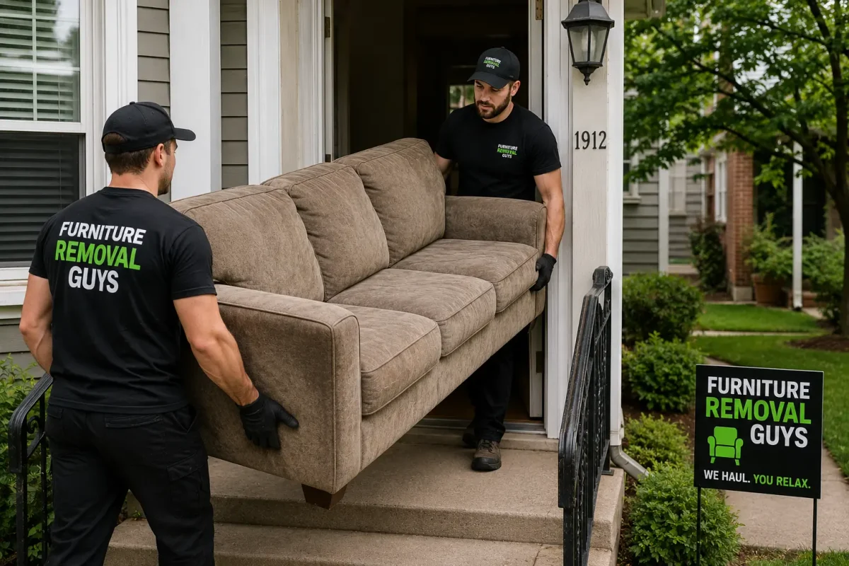 Professional movers removing a large old couch from a Denver home
