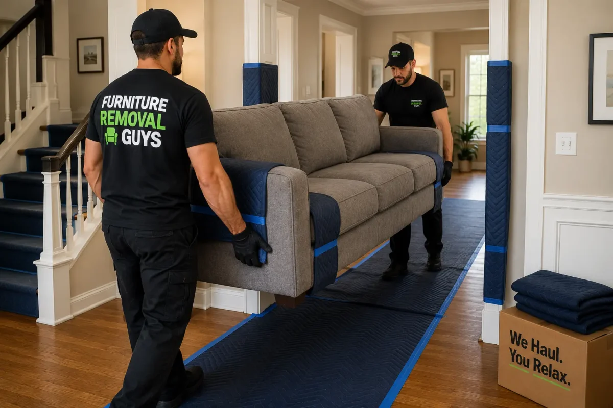 Professional furniture-hauling services in Denver safely moving a large sofa through a home